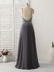 Formal Dresses With Sleeve, Dark Gray Sequin Beads Long Prom Dress Backless Evening Dress