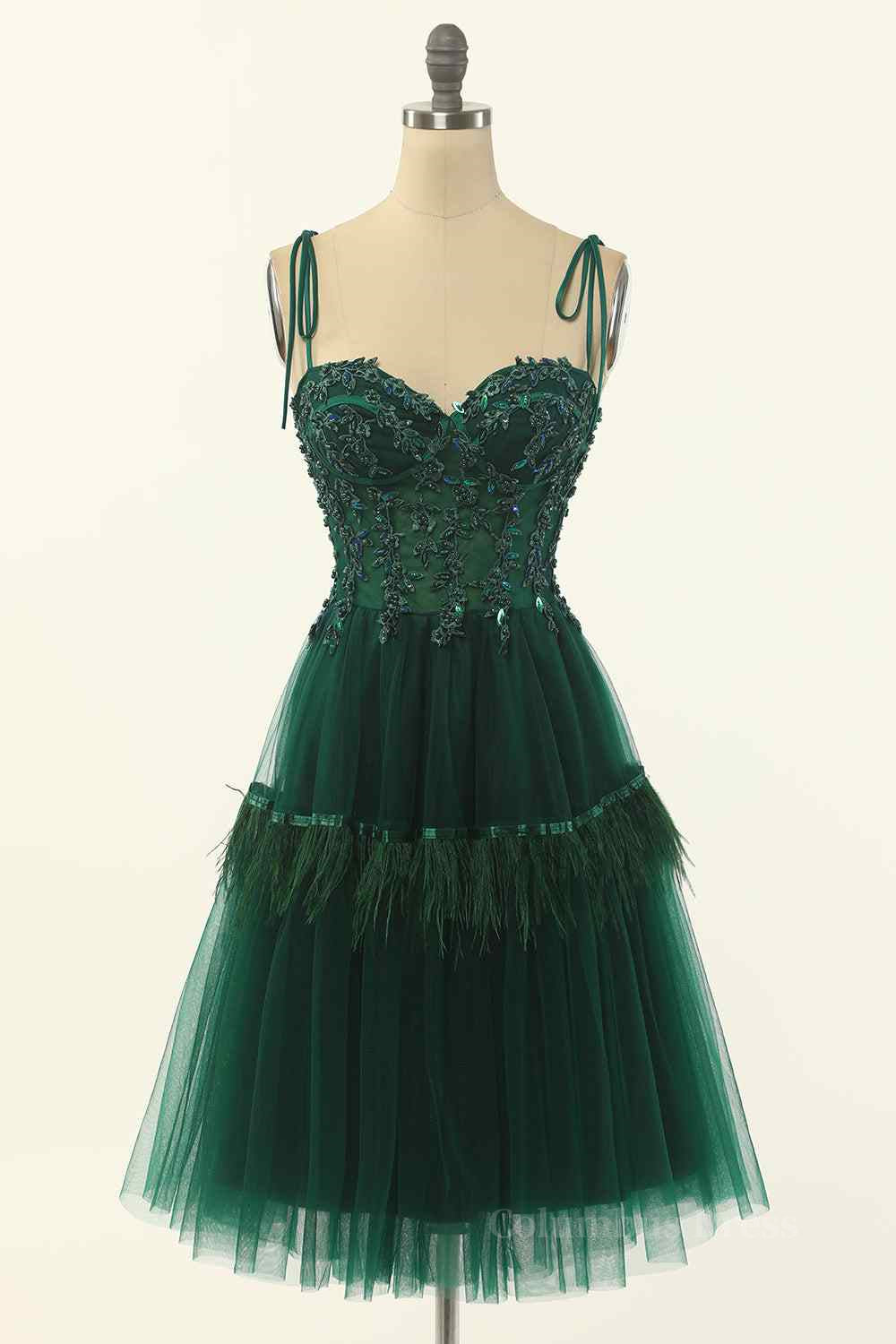 Long Black Dress, Dark Green A-line Bow Tie Straps Lace-Up Applique Mini Homecoming Dress