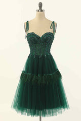 Long Black Dress, Dark Green A-line Bow Tie Straps Lace-Up Applique Mini Homecoming Dress