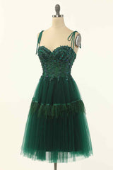 Party Fitness, Dark Green A-line Bow Tie Straps Lace-Up Applique Mini Homecoming Dress