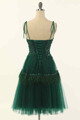 Cute Dress Outfit, Dark Green A-line Bow Tie Straps Lace-Up Applique Mini Homecoming Dress