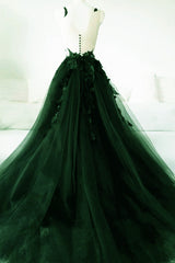 Bridesmaids Dress Burgundy, Dark Green A-Line Open Back Tulle Lace Floral Formal Dress, Green Long Prom Dress