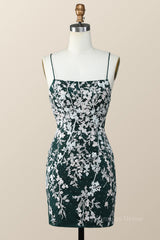 Party Dress Top, Dark Green and White Floral Tight Mini Dress