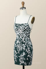 Party Dress New Look, Dark Green and White Floral Tight Mini Dress