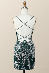 Party Dress For Wedding, Dark Green and White Floral Tight Mini Dress