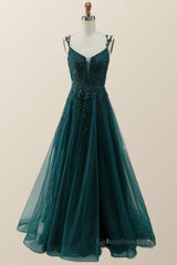 Party Dresses For Short Ladies, Dark Green Lace Appliques A-line Long Prom Dress