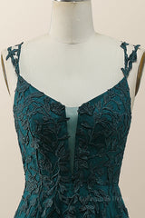 Party Dress For Cocktail, Dark Green Lace Appliques A-line Long Prom Dress