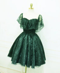 Party Dress Emerald Green, Dark Green Lace Off Shoulder Short Party Dress, Lace Homecoming Dress