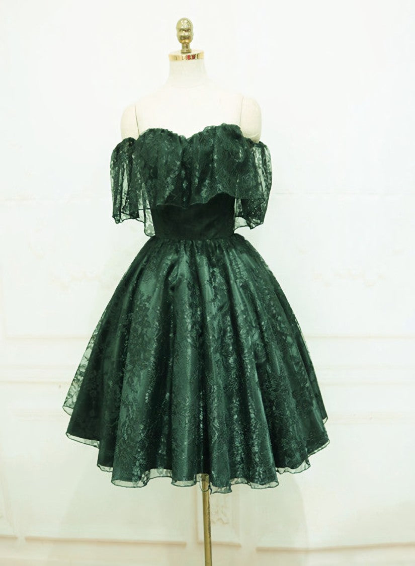 Party Dress Over 48, Dark Green Lace Off Shoulder Short Party Dress, Lace Homecoming Dress
