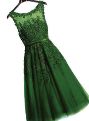 Wedding Dress With Strap, Dark Green Round Neckline Tea Length Lace Party Dress, Wedding Party Dress