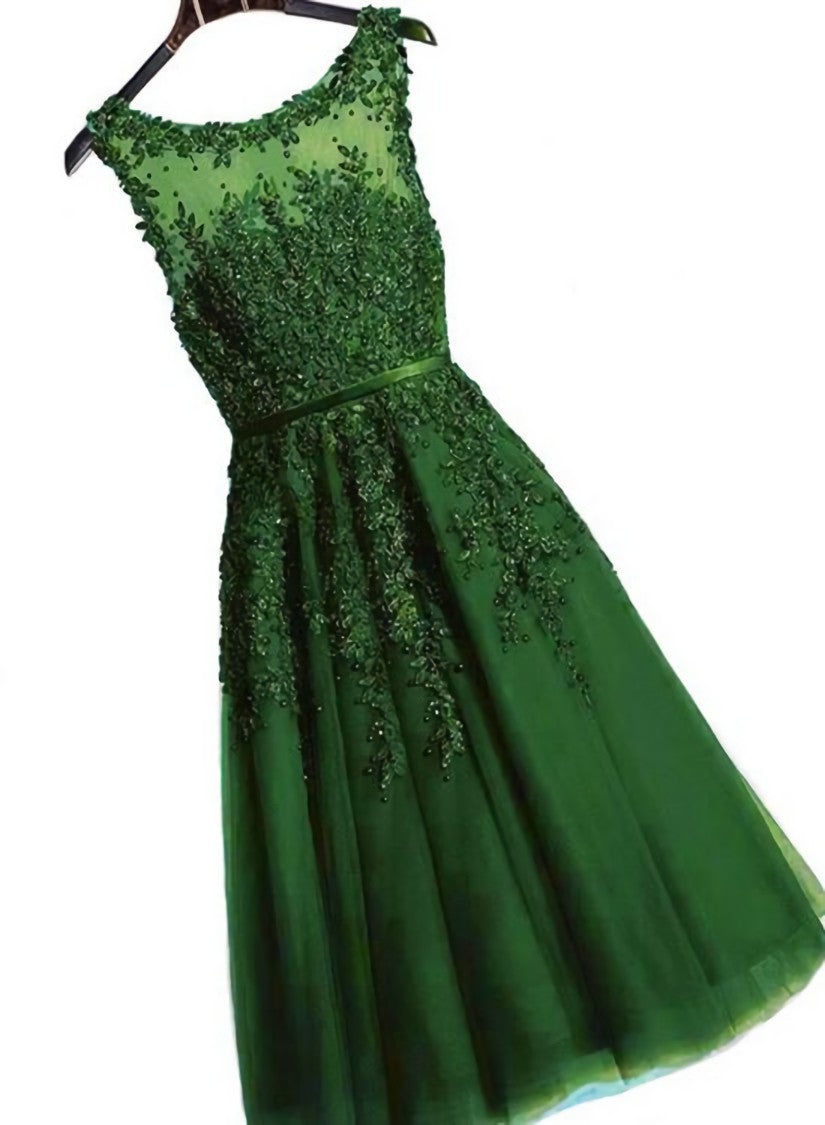 Wedding Dress Bridesmaid, Dark Green Round Neckline Tea Length Lace Party Dress, Wedding Party Dress