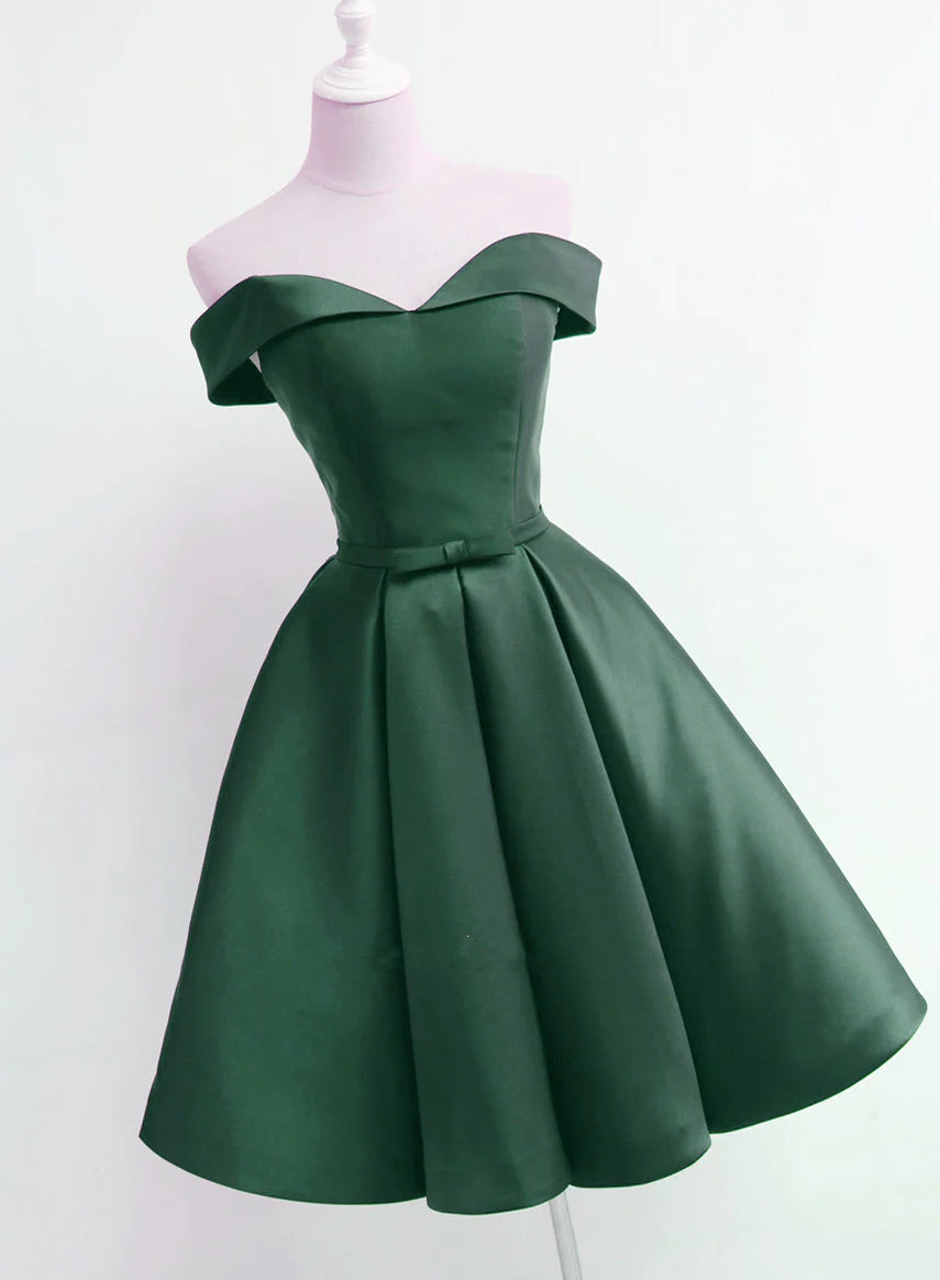 Prom Dresses 2032, Dark Green Satin Off Shoulder Short Prom Dress, Green Homecoming Dresses