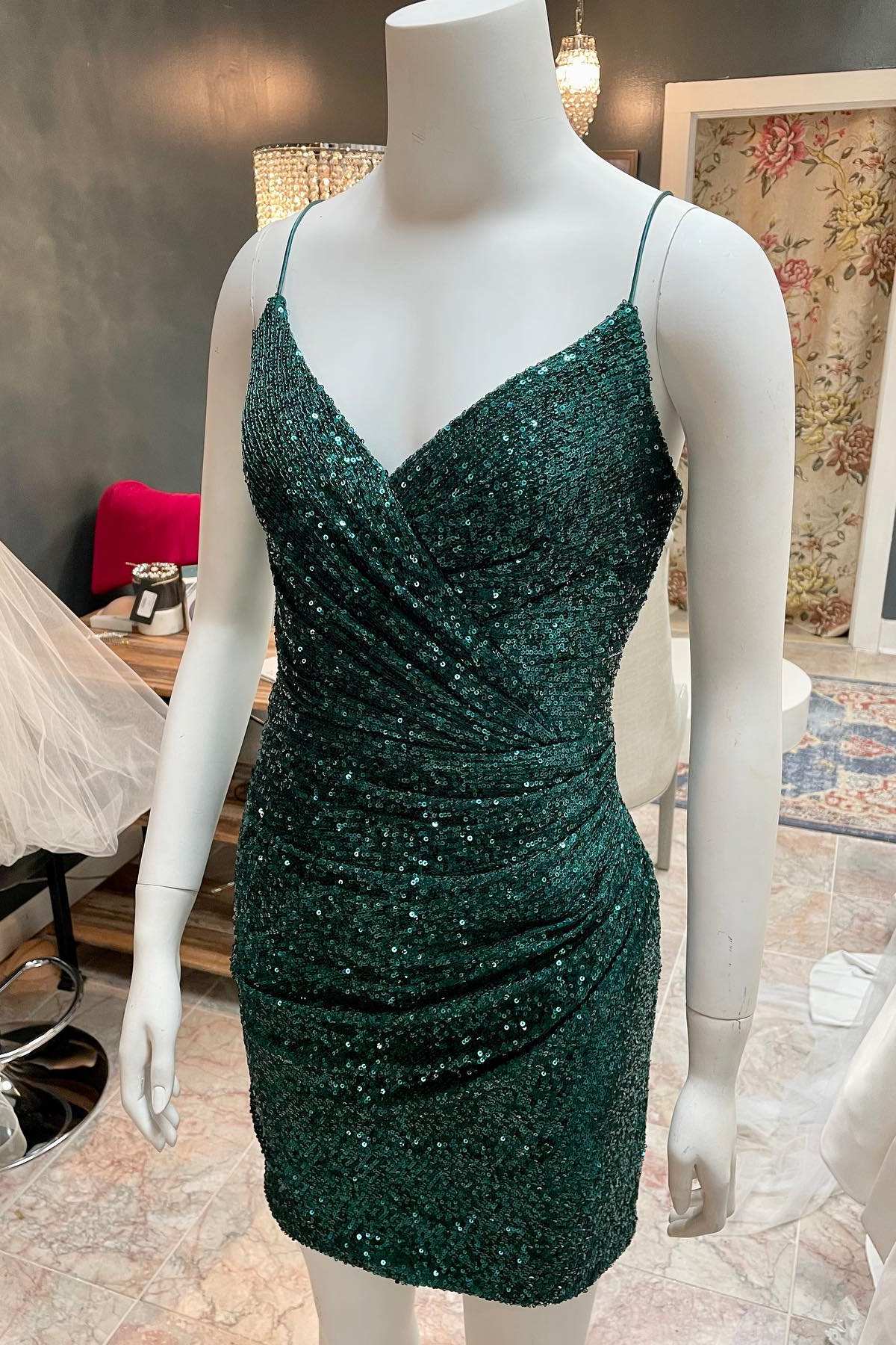Homecoming Dresses Blue, Dark Green Sequin Spaghetti Straps Ruched Cocktail Dress,Mini Prom Dresses