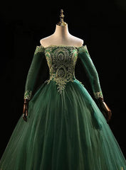 Wedding Invitations, Dark Green Sleeves with Gold Lace Sweet 16 Dress, Dark Green Long Formal Dress