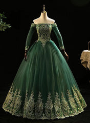 Bridesmaid Dress Long Sleeve, Dark Green Sleeves with Gold Lace Sweet 16 Dress, Dark Green Long Formal Dress
