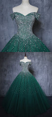 Party Dresses Modest, Dark Green Tulle Sweetheart Sparkle Party Dress, Sweet 16 Dress