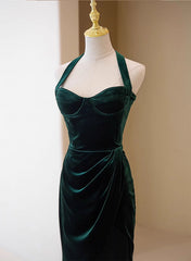 Bridesmaid Dress Blushing Pink, Dark Green Velvet Long Evening Dress Party Dress, A-line Green Bridesmaid Dress
