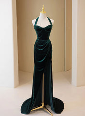 Bridesmaid Dresses Peach, Dark Green Velvet Long Evening Dress Party Dress, A-line Green Bridesmaid Dress