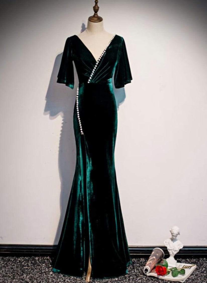 Prom Dresses Long With Slit, Dark Green Velvet Mermaid Slit V-neckline Formal Dress Party Dress, Long Evening Dresses