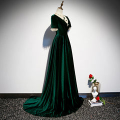 Wedding Dresses Under 10000, Dark Green Velvet Short Sleeves A-line Bridesmaid Dresses, A-line Wedding Party Dress Prom Dress