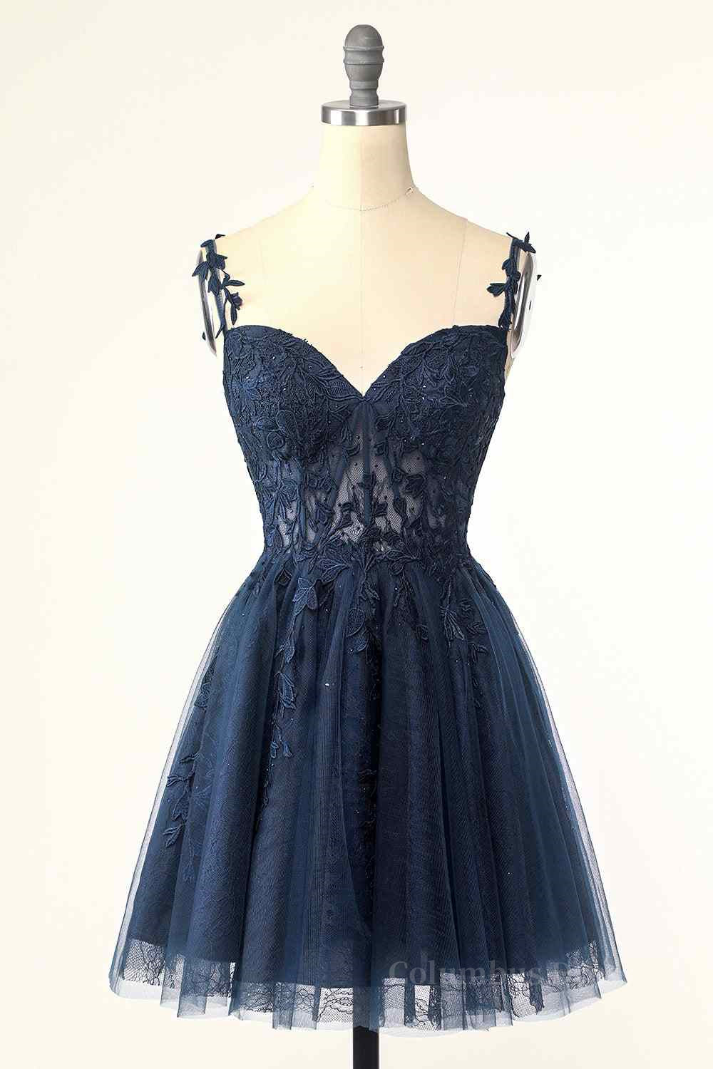 Formal Dresses Simple, Dark Navy A-line Flower Straps Appliques Tulle Homecoming Dress