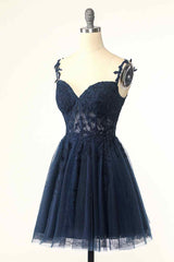 Formal Dress Simple, Dark Navy A-line Flower Straps Appliques Tulle Homecoming Dress