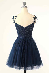 Formal Dresses Ball Gown, Dark Navy A-line Flower Straps Appliques Tulle Homecoming Dress