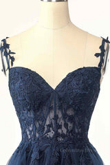Formal Dresses Outfit, Dark Navy A-line Flower Straps Appliques Tulle Homecoming Dress