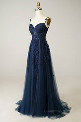 Party Dresses For Ladies 2024, Dark Navy A-line V Neck Tulle Applique Boning Long Prom Dress