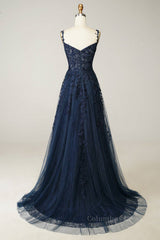 Party Dress Night Out, Dark Navy A-line V Neck Tulle Applique Boning Long Prom Dress