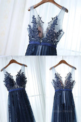 Party Dress Couple, Dark Navy Blue Lace Prom Dresses, Dark Navy Blue Lace Formal Bridesmaid Dresses