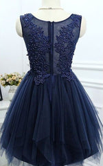 Party Dresses 2035, Dark Navy Jewel Sleeveless Homecoming Dresses,Appliques Beading A Line Tulle Semi Formal Dress