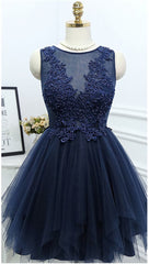 Party Dress Cheap, Dark Navy Jewel Sleeveless Homecoming Dresses,Appliques Beading A Line Tulle Semi Formal Dress