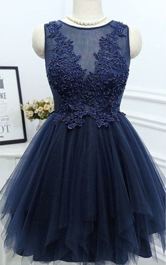 Party Dresses In Store, Dark Navy Jewel Sleeveless Homecoming Dresses,Appliques Beading A Line Tulle Semi Formal Dress