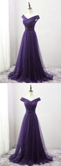 Party Dress Ideas For Curvy Figure, Dark Purple Sweetheart Tulle Off Shoulder Bridesmaid Dress, Long Prom Dress