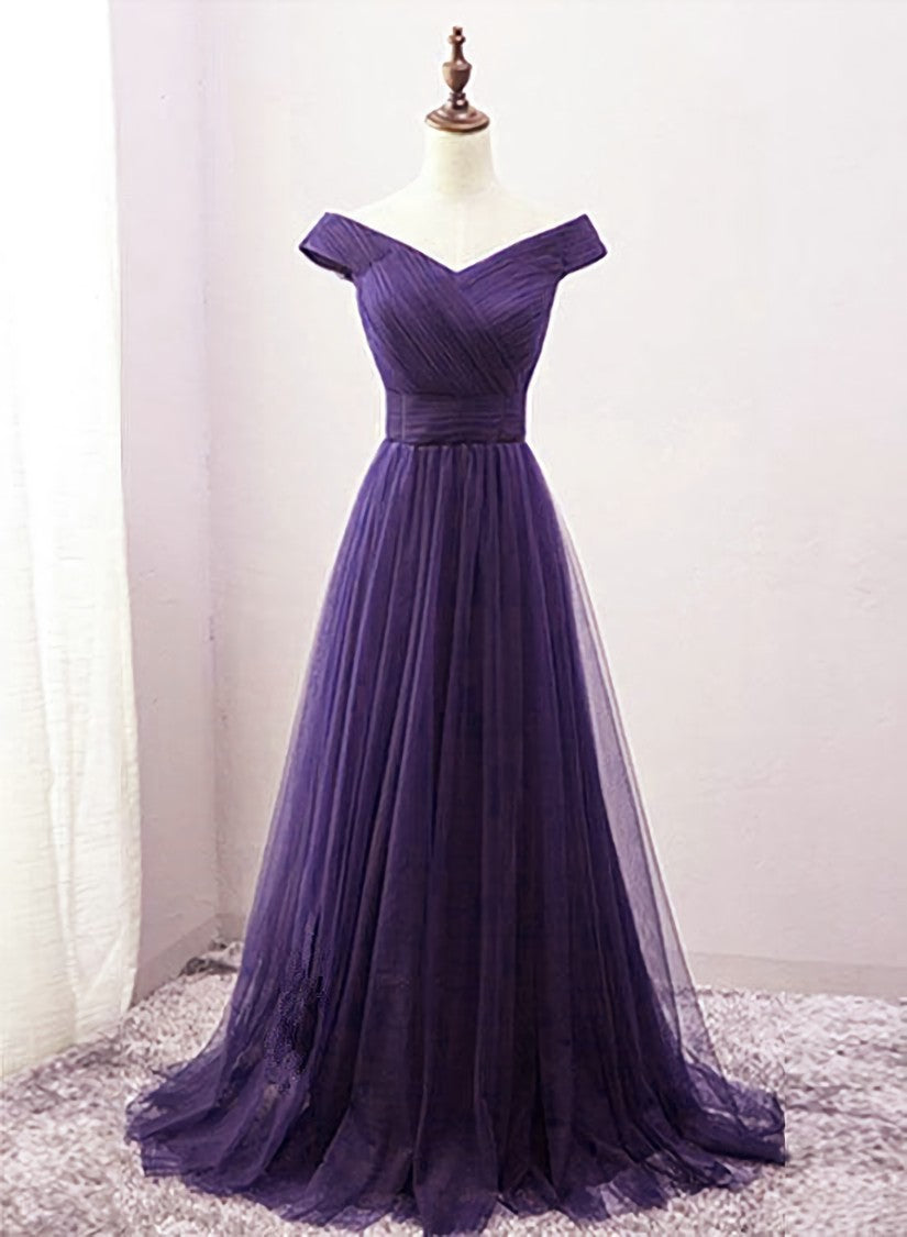 Stylish Outfit, Dark Purple Sweetheart Tulle Off Shoulder Bridesmaid Dress, Long Prom Dress