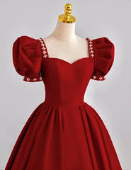 Bridesmaid Dresses Winter, Dark Red Beaded Short Sleeves Tea Length Party Dress, Dark Red Formal Dress Prom Dress