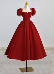 Bridesmaids Dresses Summer Wedding, Dark Red Beaded Short Sleeves Tea Length Party Dress, Dark Red Formal Dress Prom Dress