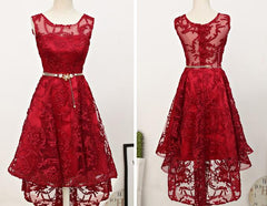 Prom Dresses 2028 Cheap, Dark Red High Low Lace Party Dress Homecoming Dress, Red Short Prom Dress
