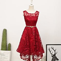 Prom Dresses Princess Style, Dark Red High Low Lace Party Dress Homecoming Dress, Red Short Prom Dress