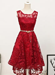 Prom Dress Size 22, Dark Red High Low Lace Party Dress Homecoming Dress, Red Short Prom Dress
