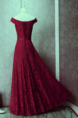 Homecoming Dresses Lace, Dark Red Lace Off Shoulder Bridesmaid Dress, Long Prom Dress