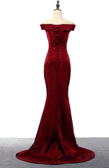 Party Dress For Couple, Dark Red Mermaid Satin Long Party Dress, Off Shoulder Evening Dress