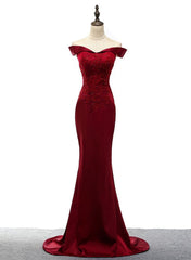 Black Dress Outfit, Dark Red Mermaid Satin Long Party Dress, Off Shoulder Evening Dress