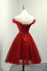 Homecoming Dresses Aesthetic, Dark Red Off the Shoulder Tulle Knee Length Party Dress, Red Homecoming Dress