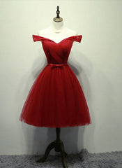 Homecoming Dress Classy Elegant, Dark Red Off the Shoulder Tulle Knee Length Party Dress, Red Homecoming Dress