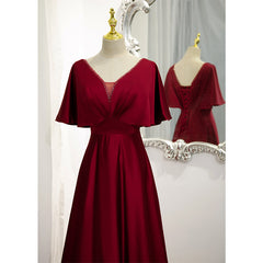 Wedding Dresses Tops, Dark Red Satin A-line Floor Length Evening Dress, Wine Red Wedding Party Dresses