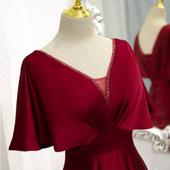 Wedding Dresses Top, Dark Red Satin A-line Floor Length Evening Dress, Wine Red Wedding Party Dresses