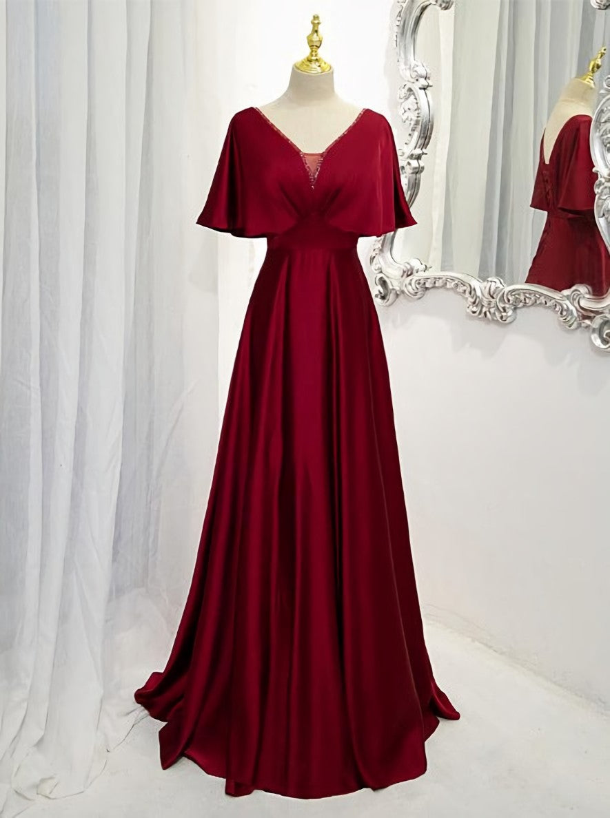 Wedding Dress Casual, Dark Red Satin A-line Floor Length Evening Dress, Wine Red Wedding Party Dresses