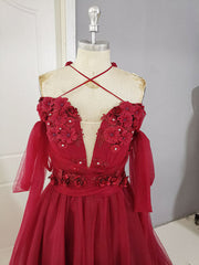 Glamorous Dress, Dark Red Tulle Lace Long Prom Dress, Red Tulle Lace Evening Dress
